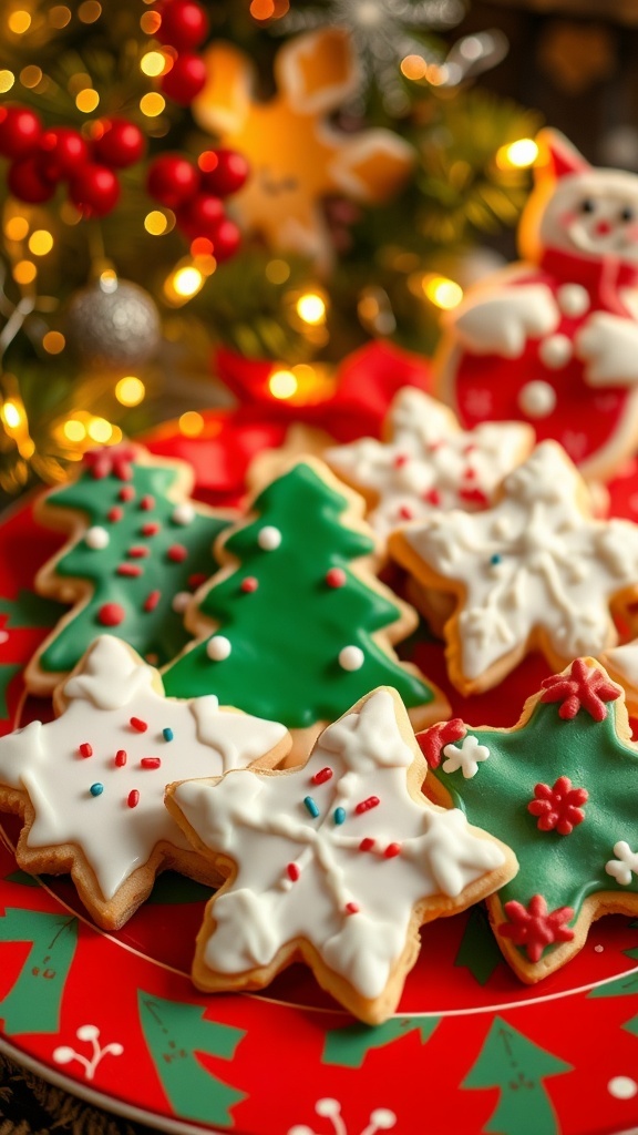 Decorated Christmas sugar cookies in festive shapes on a holiday-themed plate.